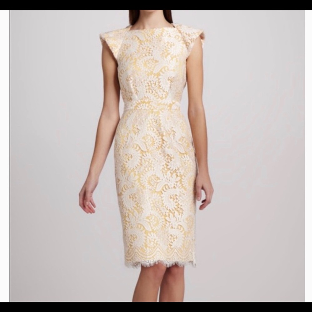 Badgley Mischka Cream and Gold Lace Midi Dress